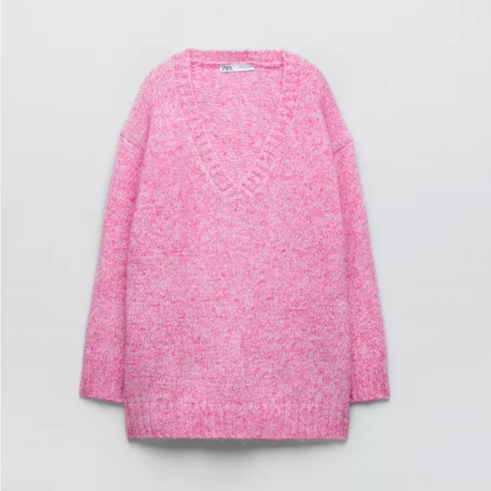 Zara Pink V-Neck Sweater with Textured Knit